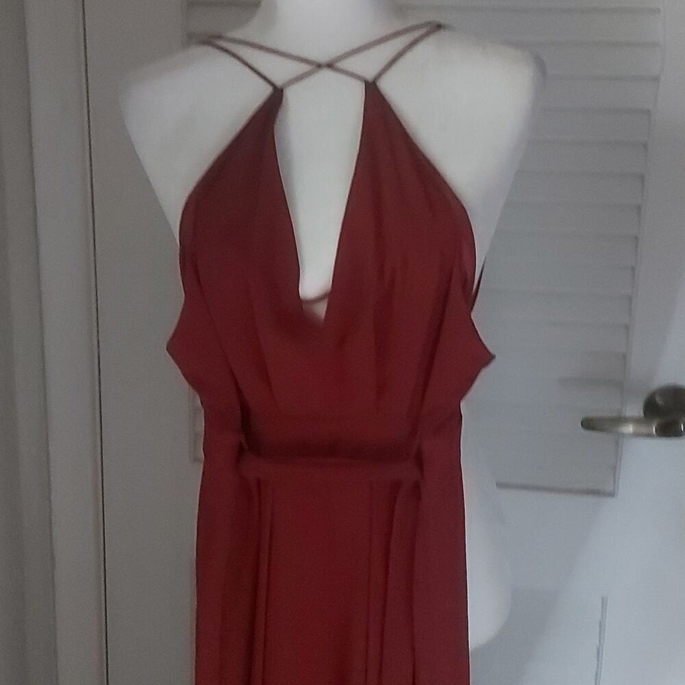 Luxxel Strapped Keyhole Front Burgundy Wide Leg Belted Elastic Jumpsuit M Party